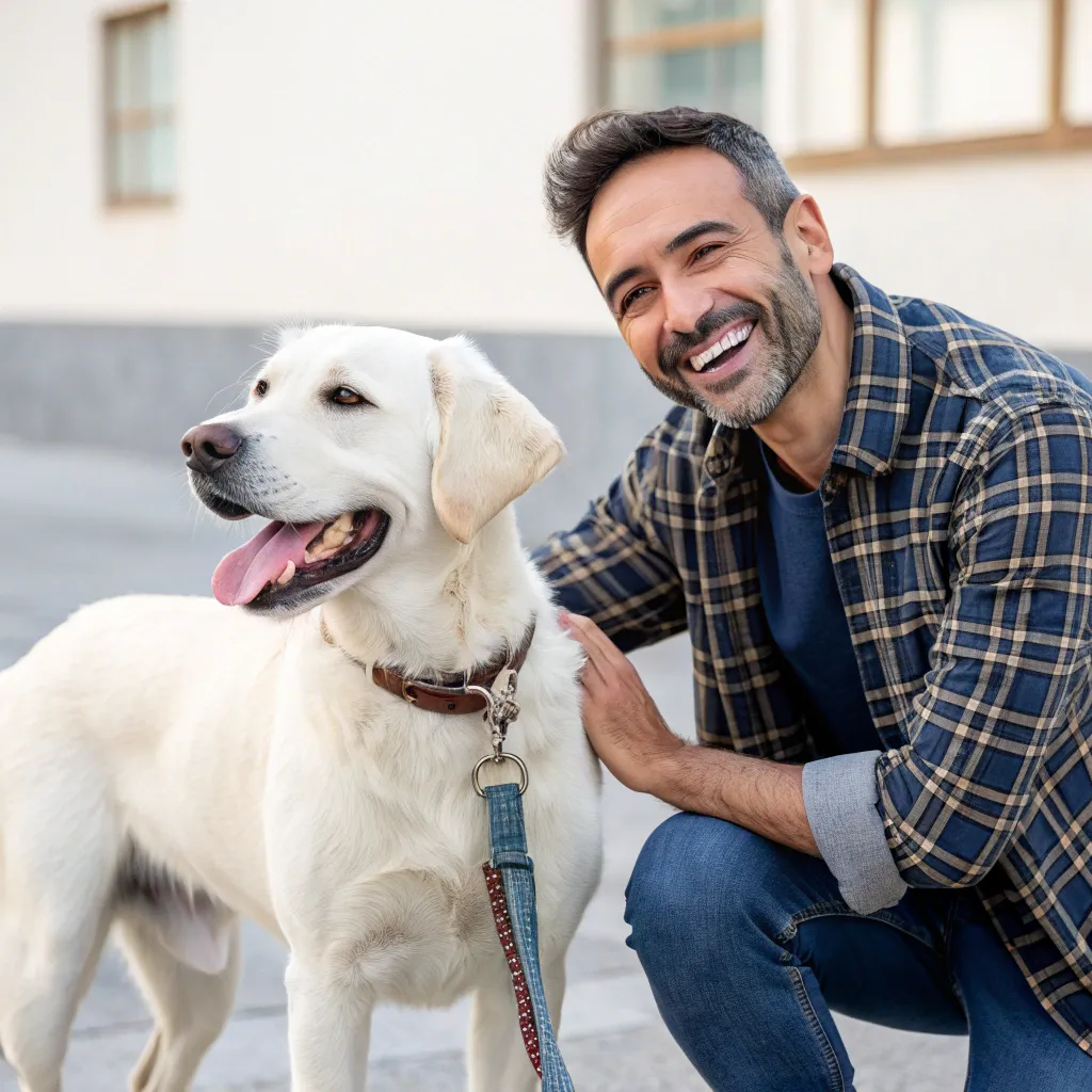 Smiling dog owner with a well-groomed pet